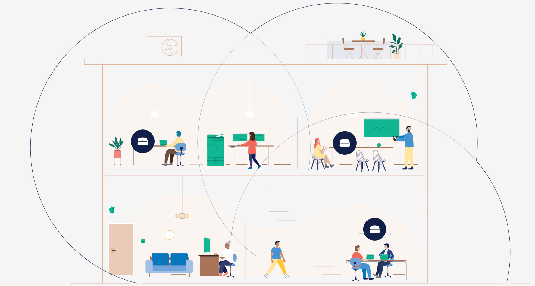 Illustration of people collaborating in an office space
